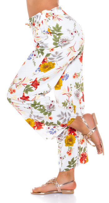 Trendy casual zomer broek met bloemen-print wit